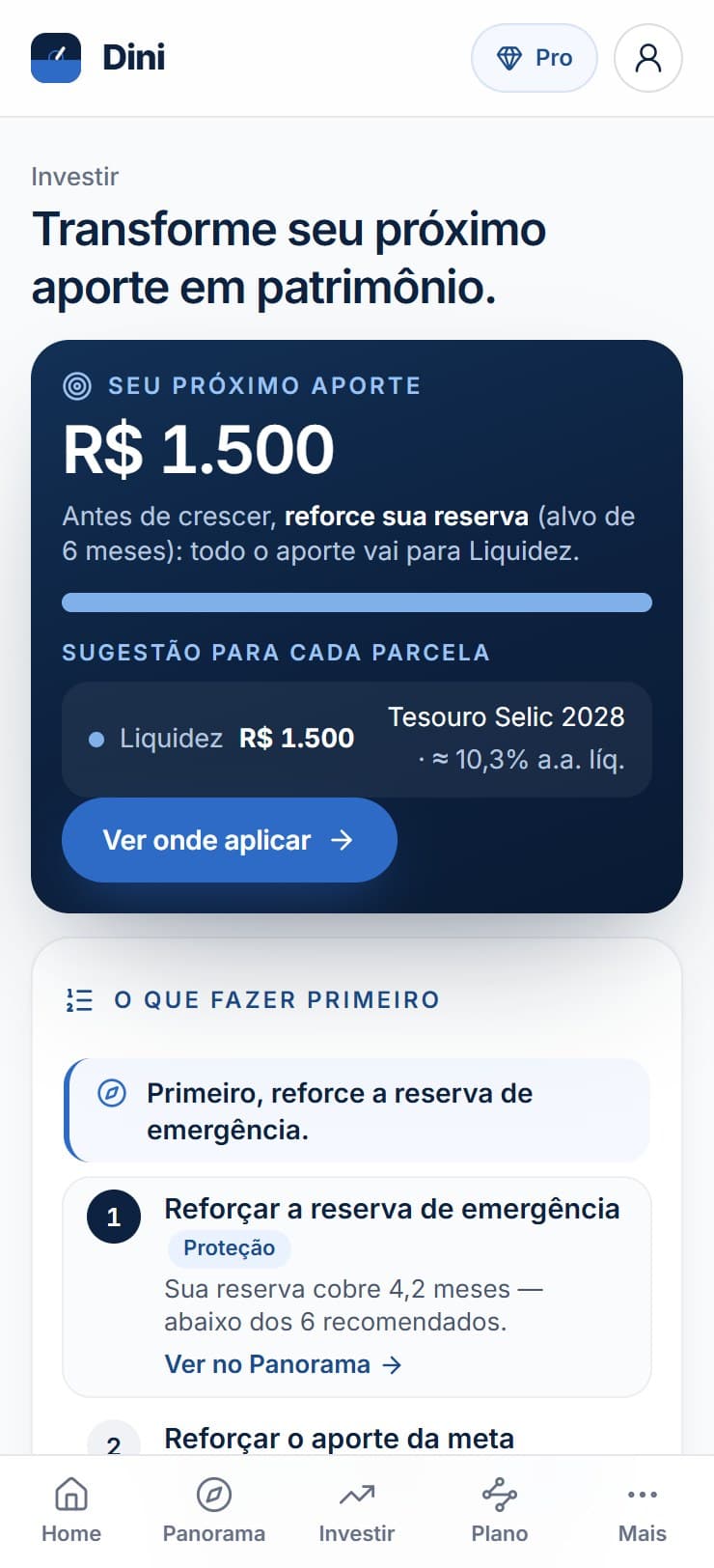 Tela Investir do app Dini (exemplo ilustrativo): próximo aporte de R$ 1.500 todo em Liquidez