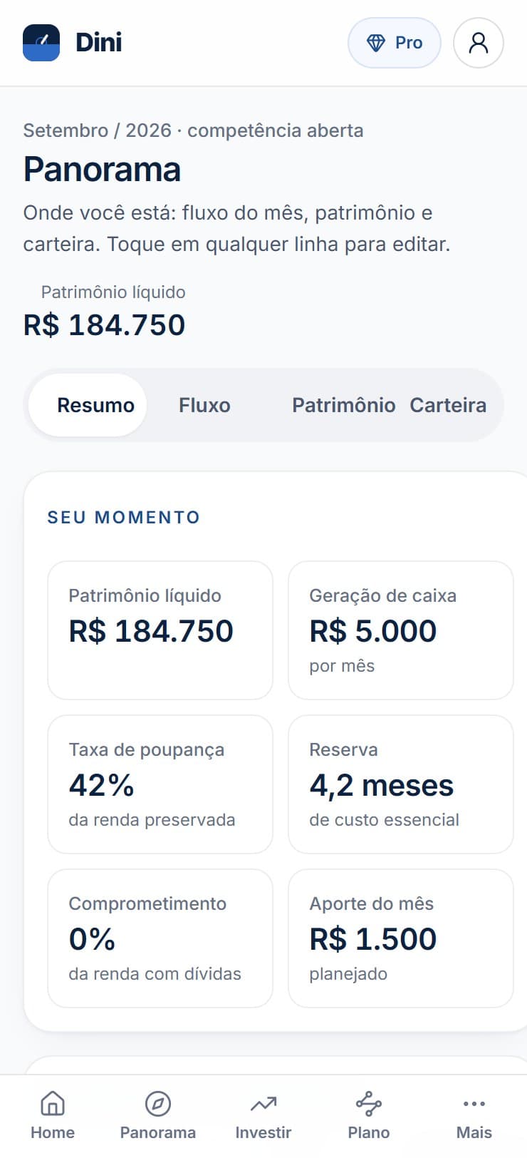 Tela Panorama do app Dini (exemplo ilustrativo): patrimônio líquido e reserva em meses